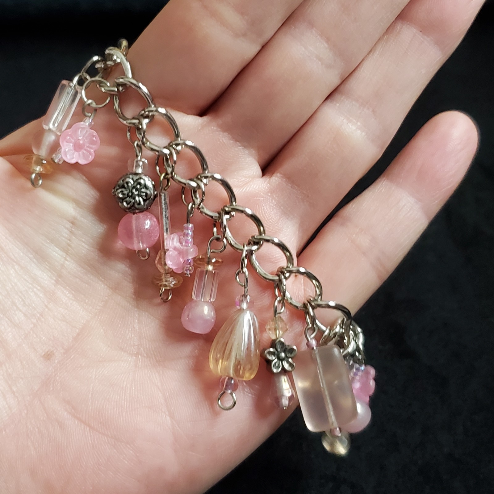 Charm Bracelet Silver Tone Pink Dangle Beads 6.5″