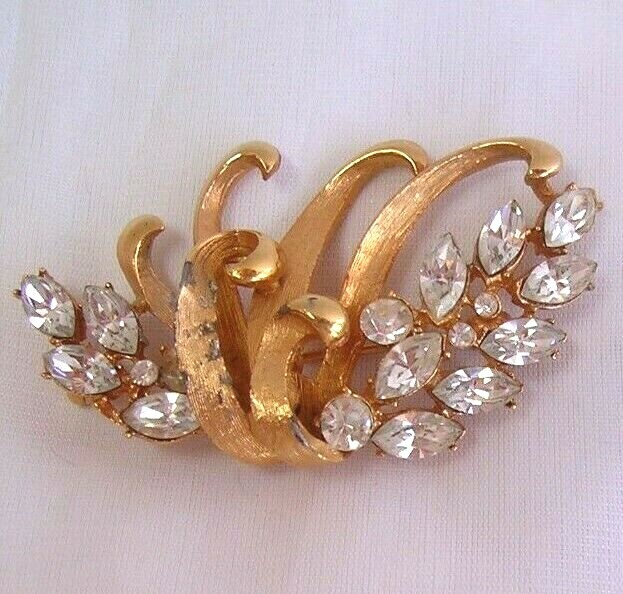 2 Vintage Broochs-BSK/White Rhinestones Brooch/with Gold Trim 2 1/4″ across-11/2