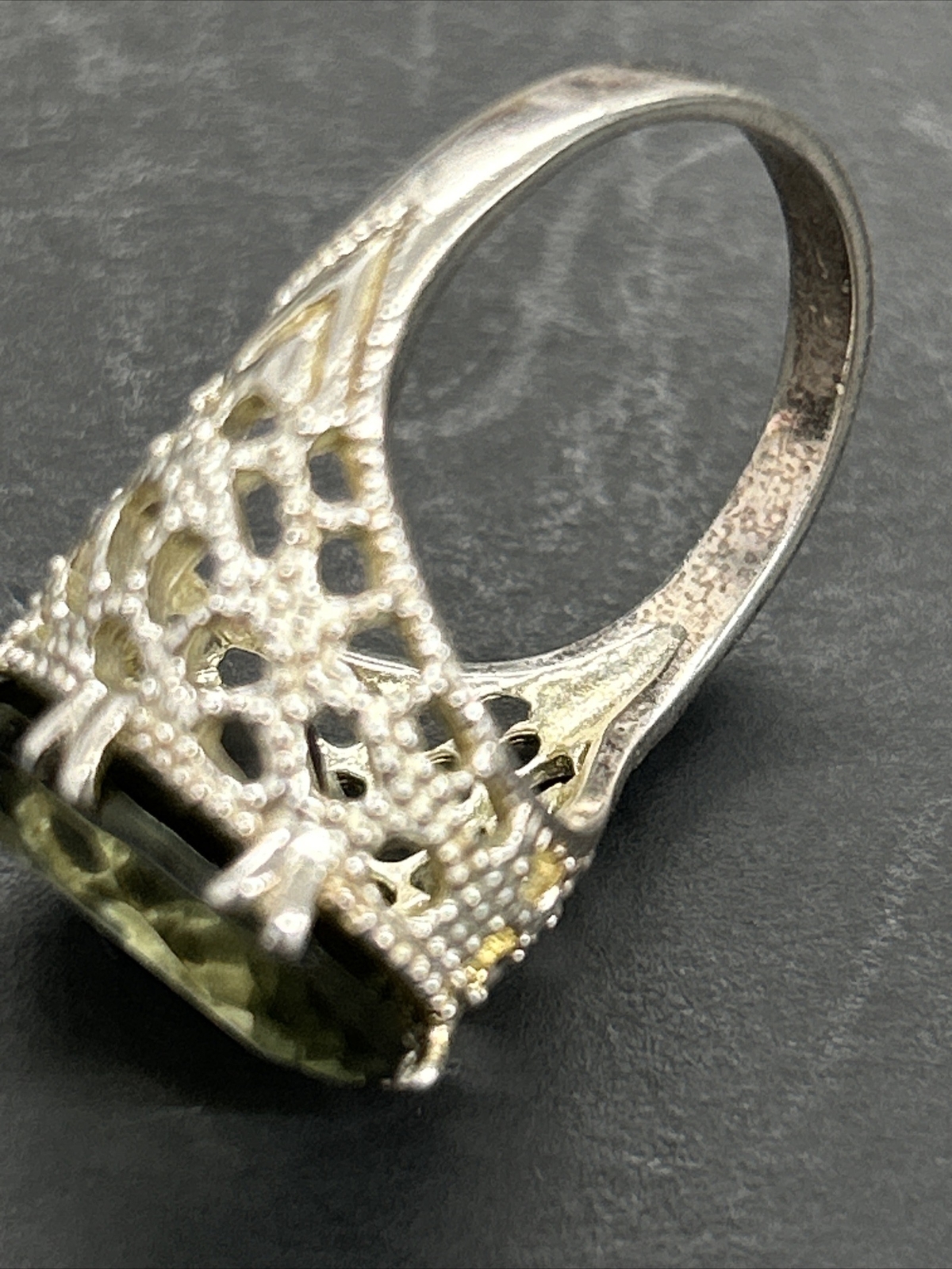 Vintage Sterling Filigree Cutout Ring With Smoky Green Stone Size 6-3/4 H19