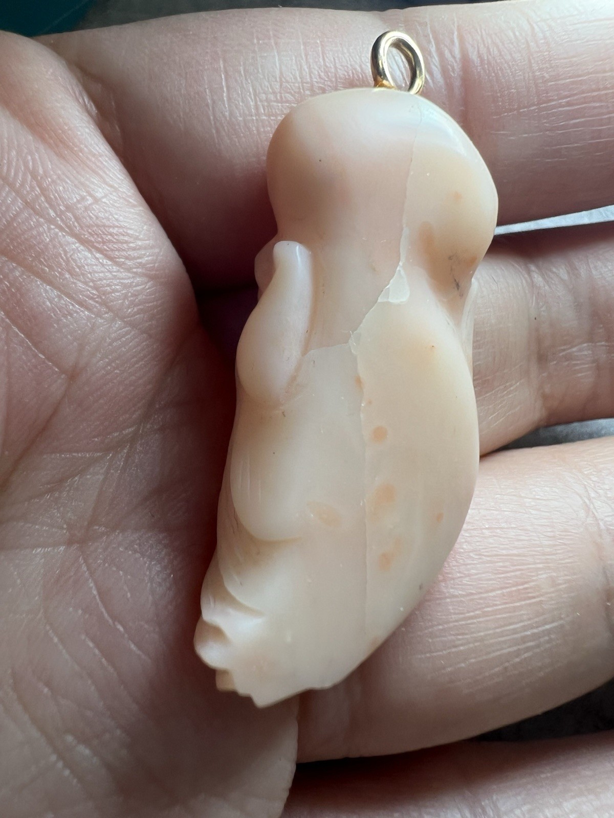 VTG Caved Angel Skin Coral Figural Pendant W Tested Solid 14k Gold Bail *Read