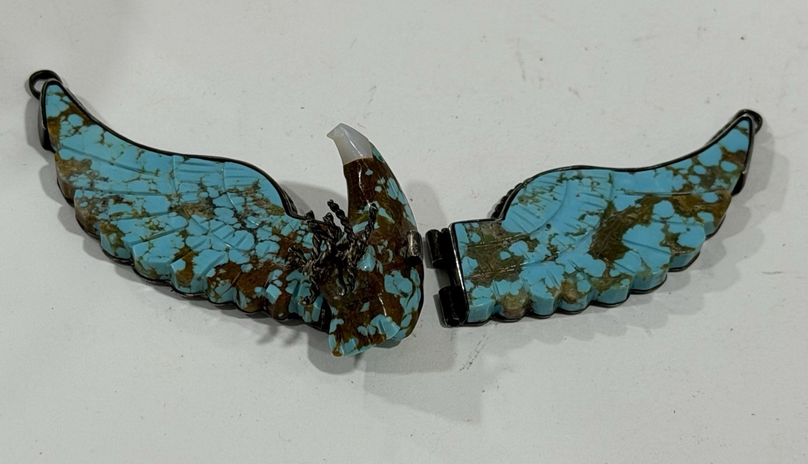 Vintage Native Navajo Carved Turquoise & Silver Large Wing Spread Eagle Pendant