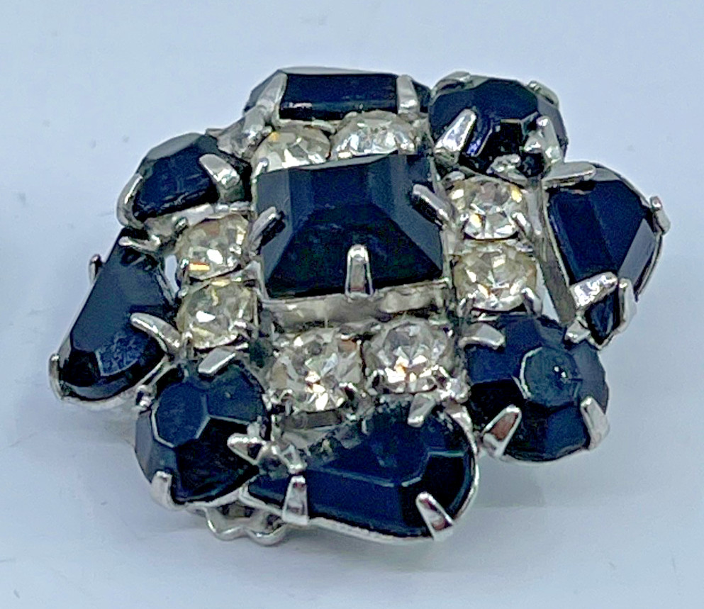 Vintage 60’S Black Clear Rhinestone Baguette Clip-On Earrings Faux Onyx