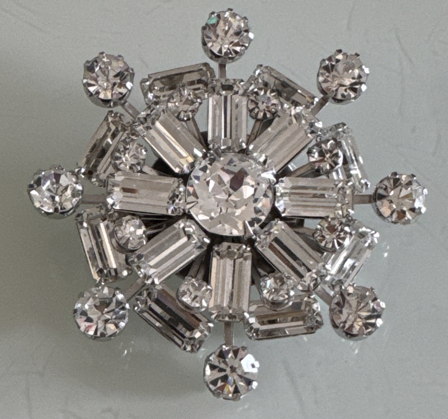 Vintage Weiss Starburst Brooch Silver Tone With White Crystals