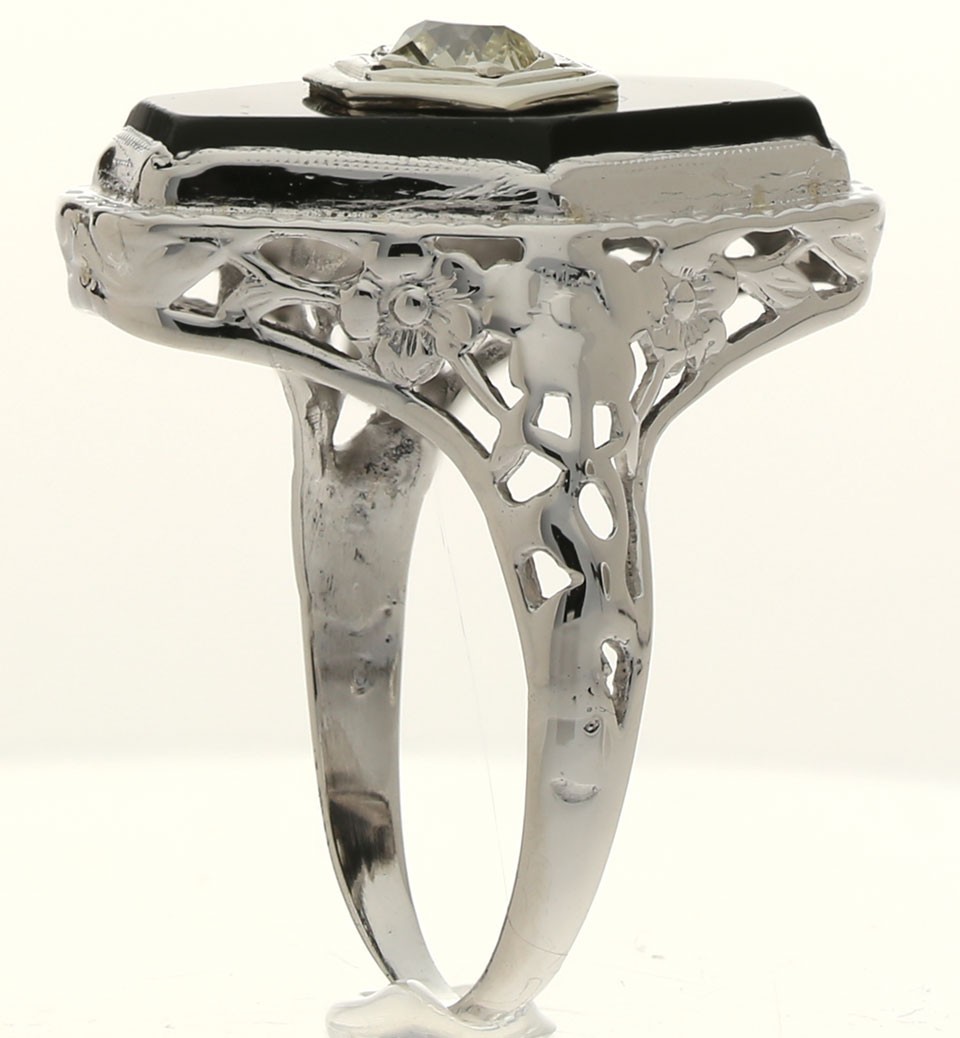 Antique Natural Diamond Onyx Filigree Ring .40CT 14K White Gold Size 7