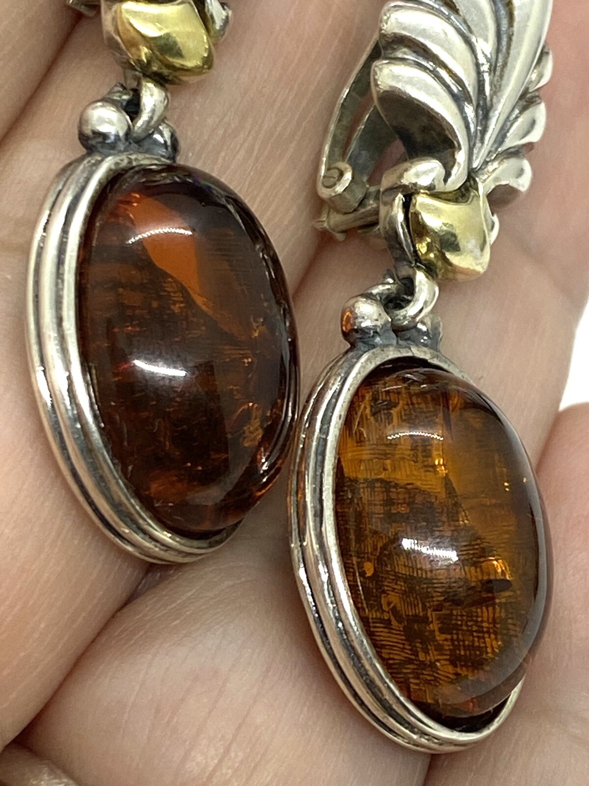 Vintage Italy Signed M Sterling Silver Amber Clip On Earrings 14.03g