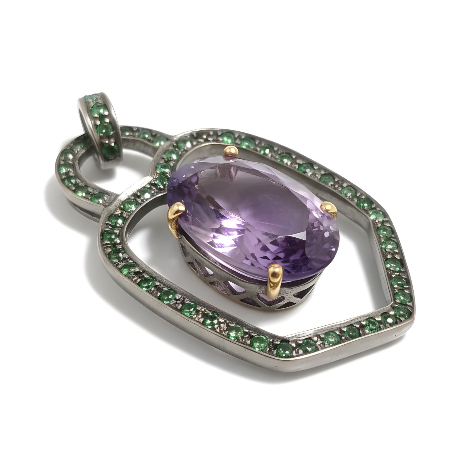 Victorian 22.5 Ct Statement Amethyst & Tsavorite Pendant in 14k Gold & Silver
