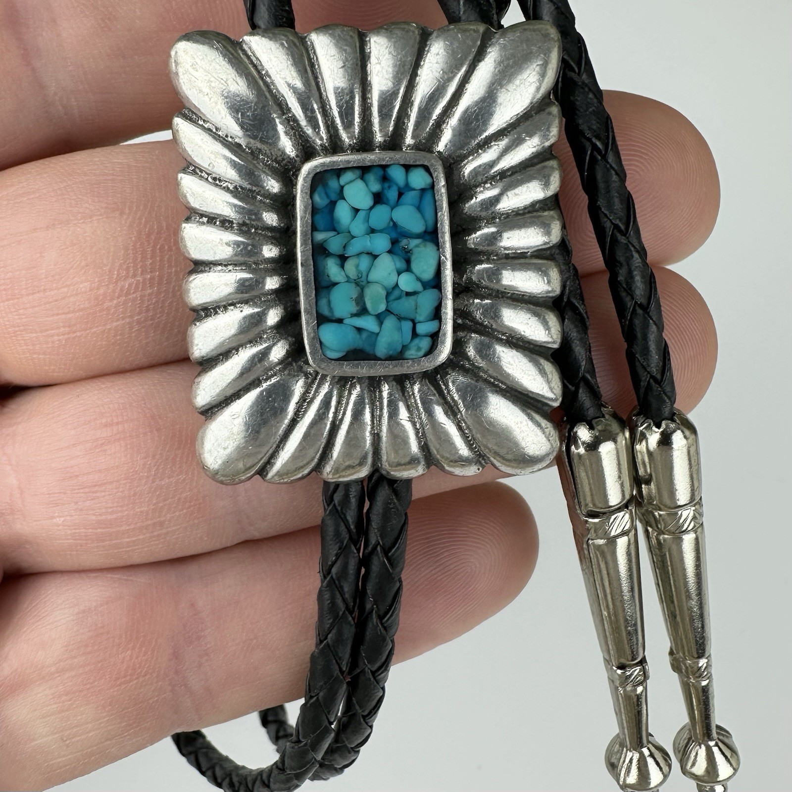Vintage Silver Pewter Turquoise Chip Inlay Western Bolo Tie Nickel Silver Tips
