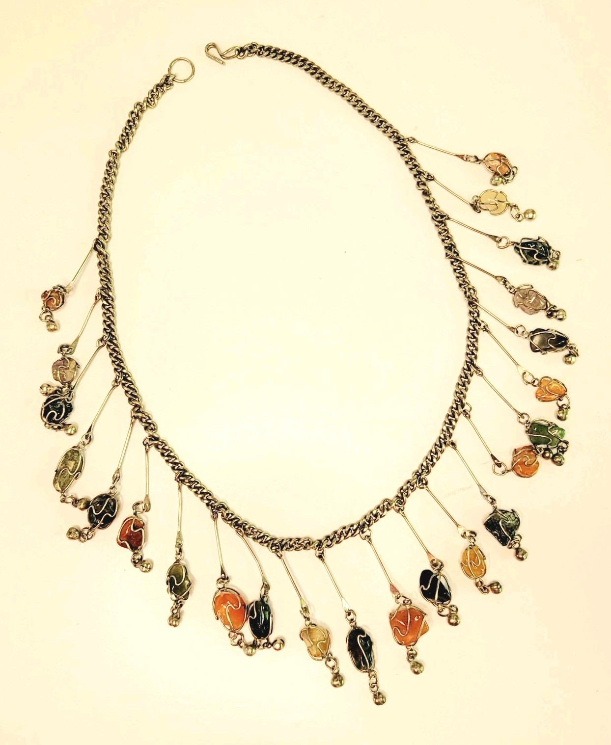 Vtg Wire Wrapped Caged Gemstone Agate Necklace Bib Dangle 21″ 1970s Boho Silver