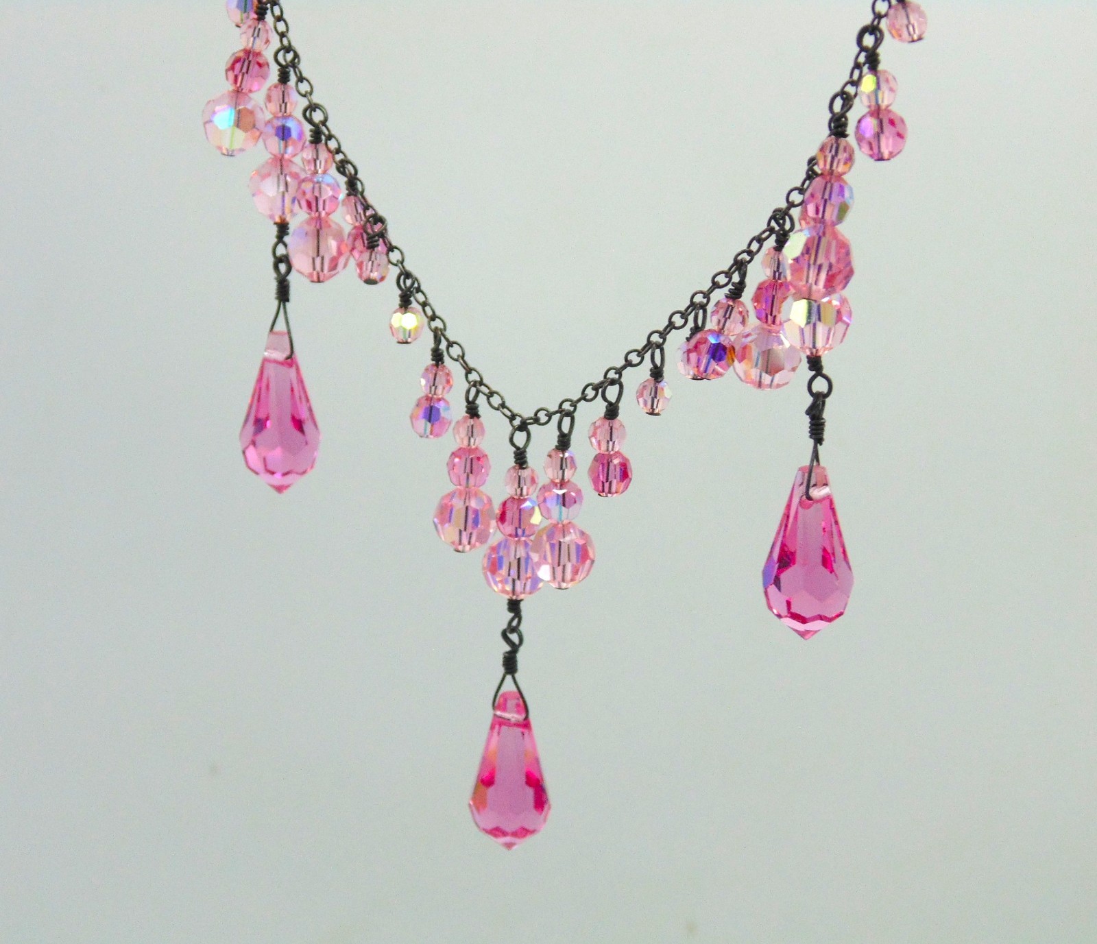 Vintage .925 STERLING SILVER and PINK CRYSTAL Festoon Necklace Adj. 15″-19″ Exc.