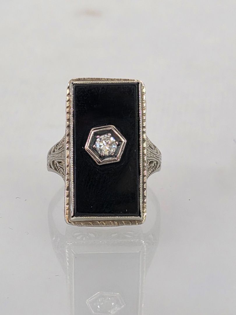 Victorian 14k White Gold Filigree Diamond & Black Onyx Ring Size 4.75