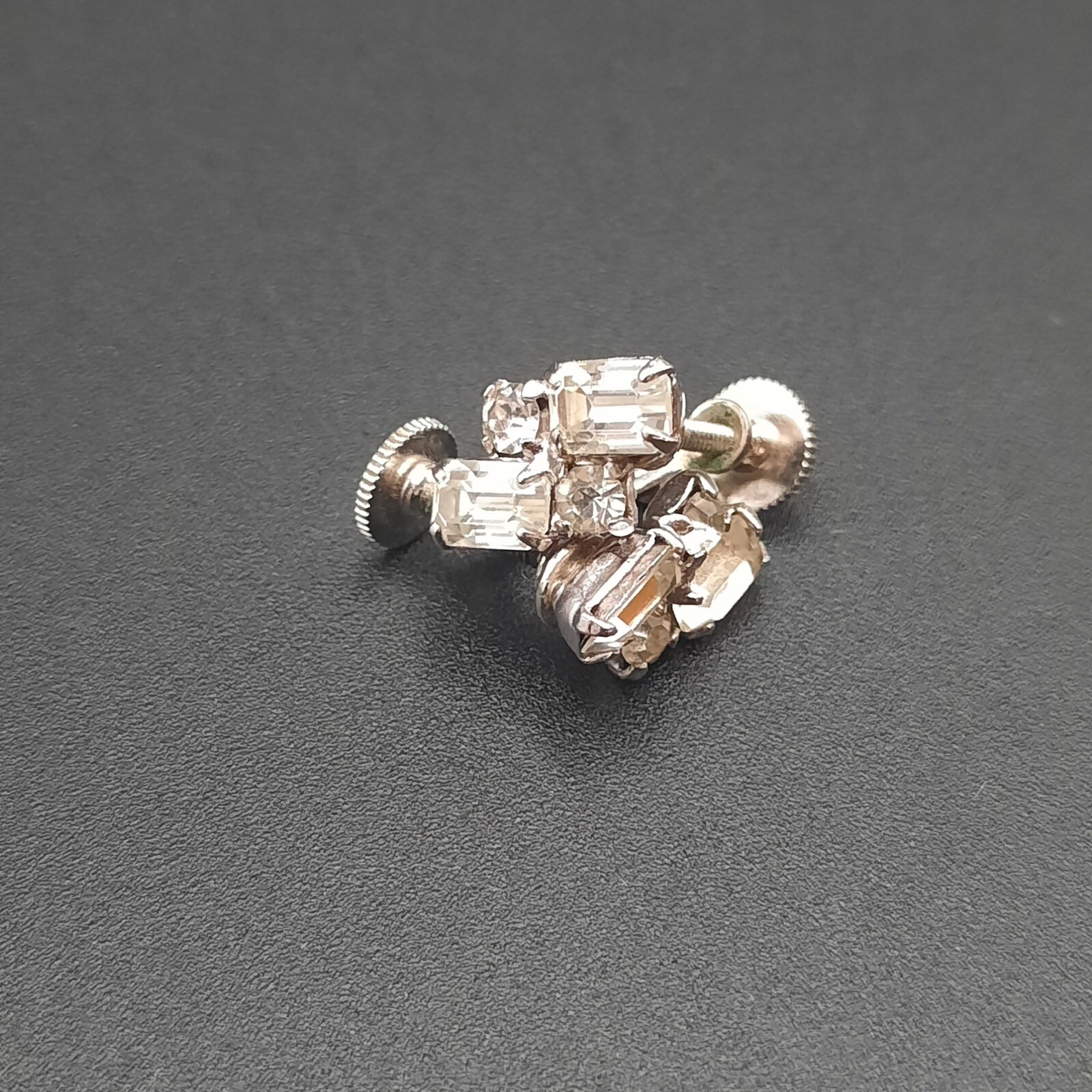 Vintage Rhinestone Screw-Back Earrings with Emerald Cut and Round Stones