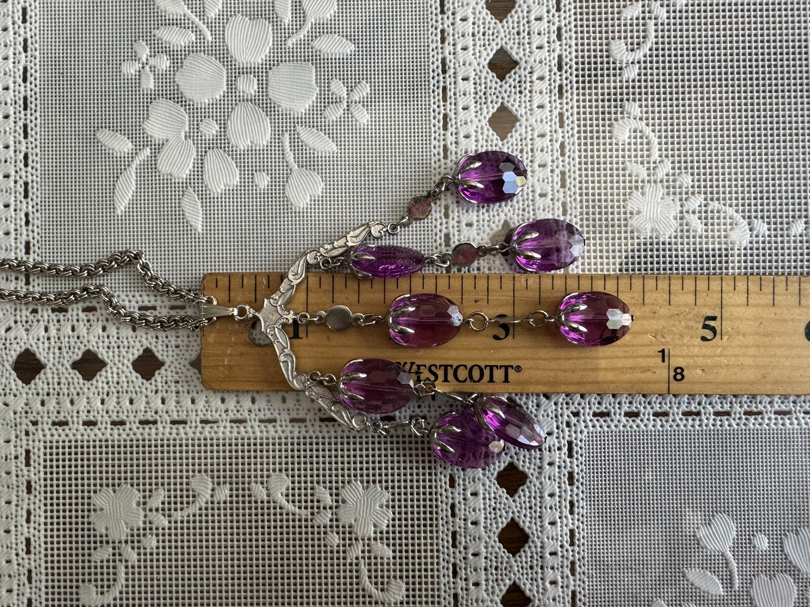 Vintage SARAH COV. silver TONE Rolo Chain&purple Chandelier Pendant Necklace
