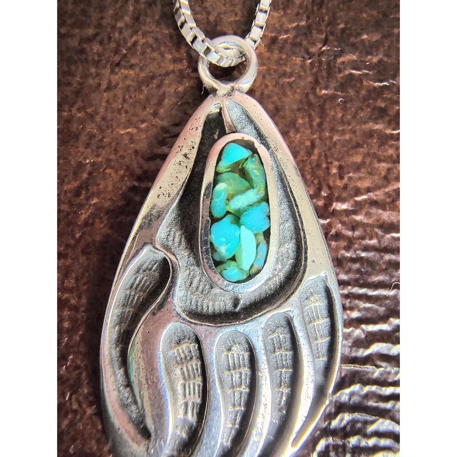 Old Sterling Silver Necklace Bear Paw Turquoise Inlay Pendant & 925 LUND Chain