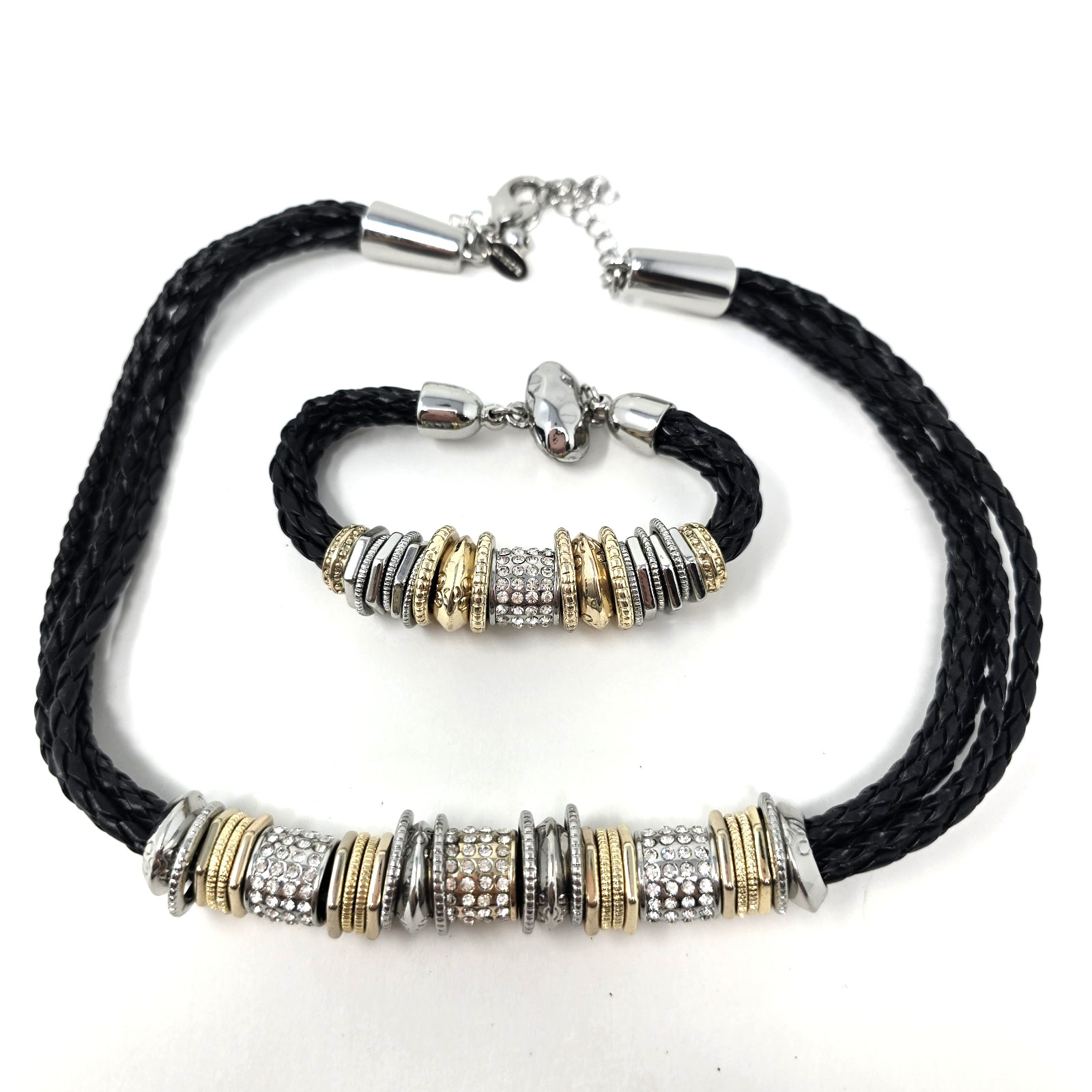 CHICO’S Silvertone Rhinestones 5 Leather Strands Set 22″ Necklace Bracelet