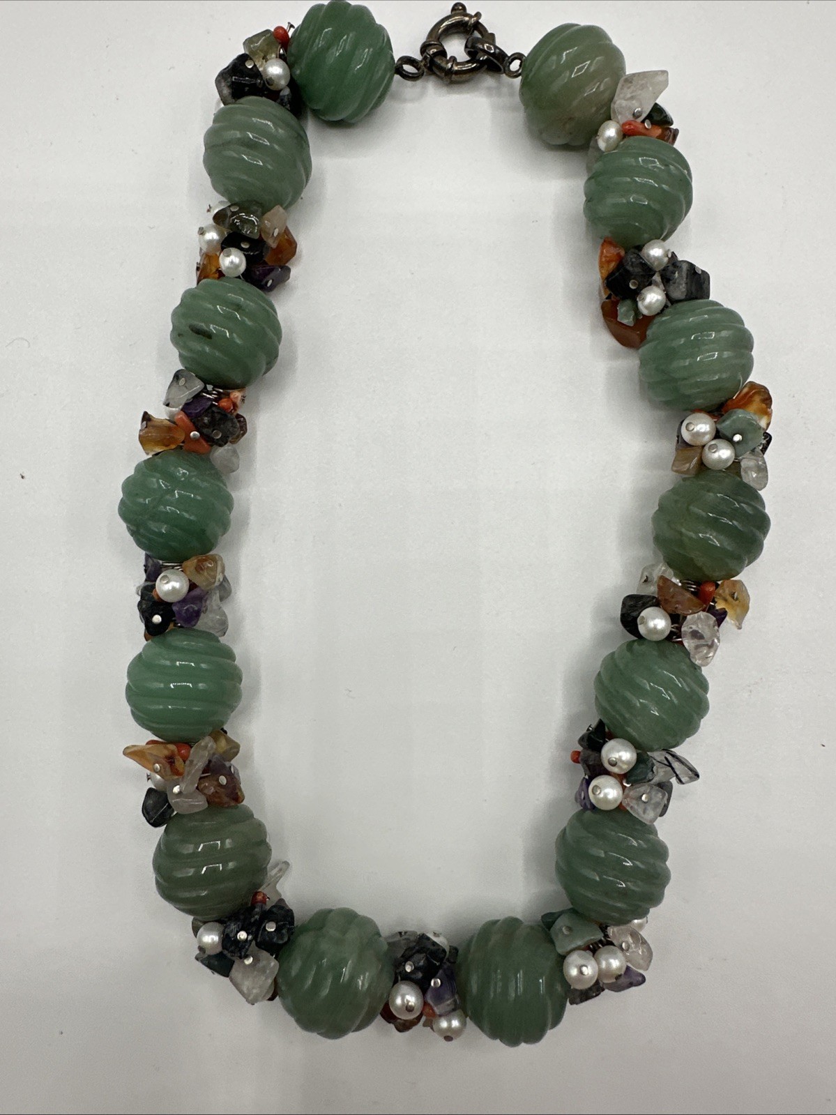 Unique Jadeite and Semiprecious Stones Vtg Necklace. Sterling Silver Closure.
