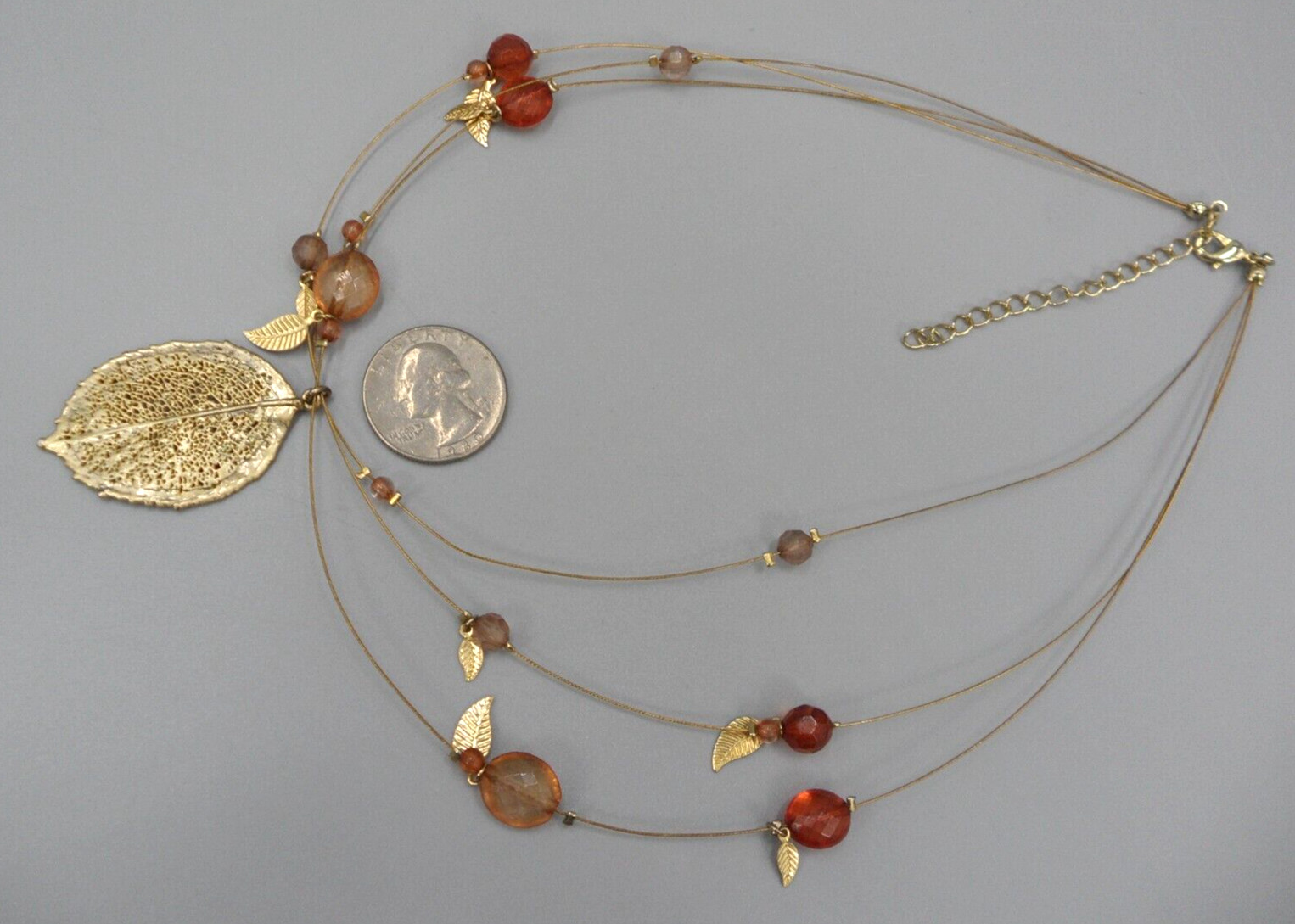 3 Strand Festoon Station Necklace Leaf Pendant Charms Peach Orange Mauve Beads