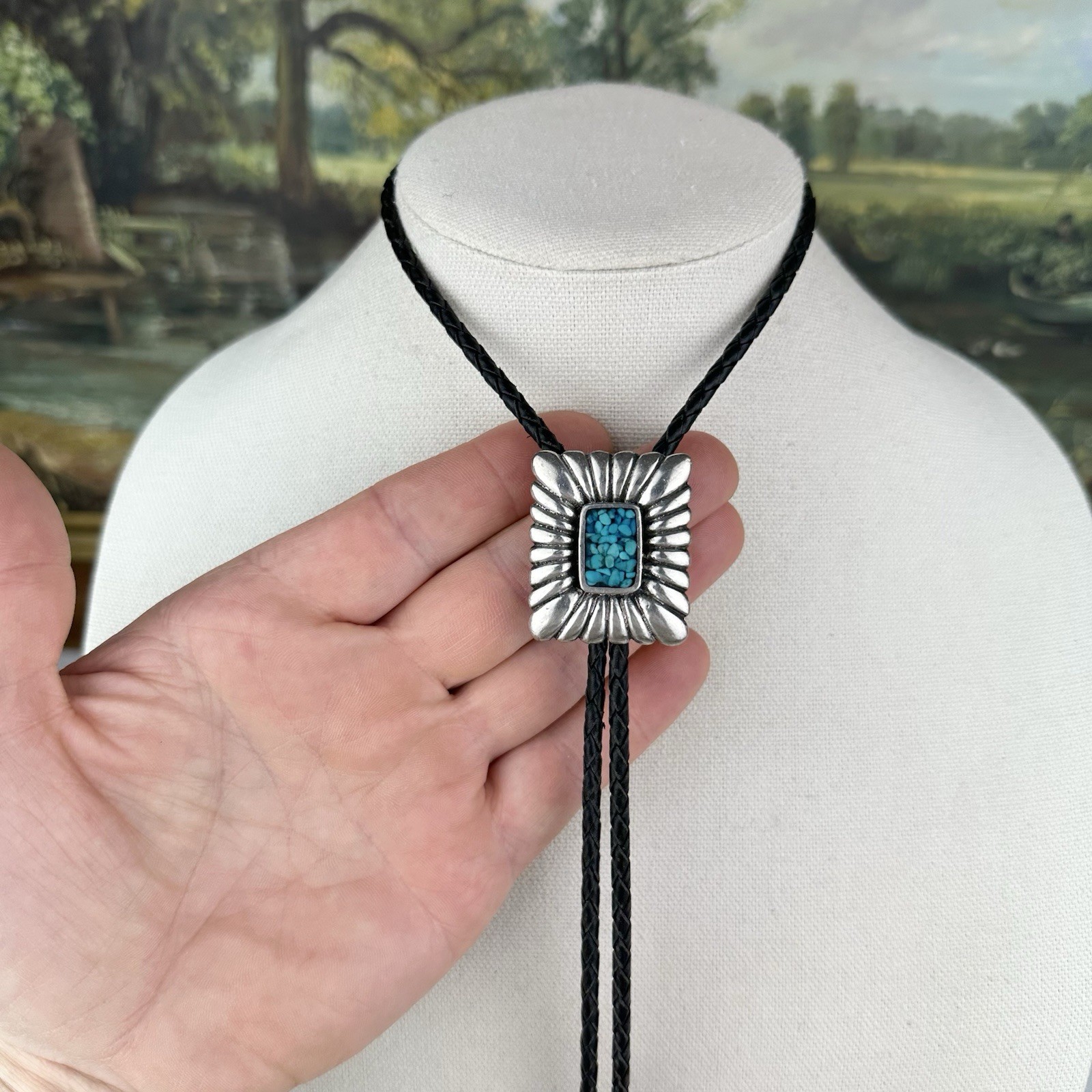 Vintage Silver Pewter Turquoise Chip Inlay Western Bolo Tie Nickel Silver Tips