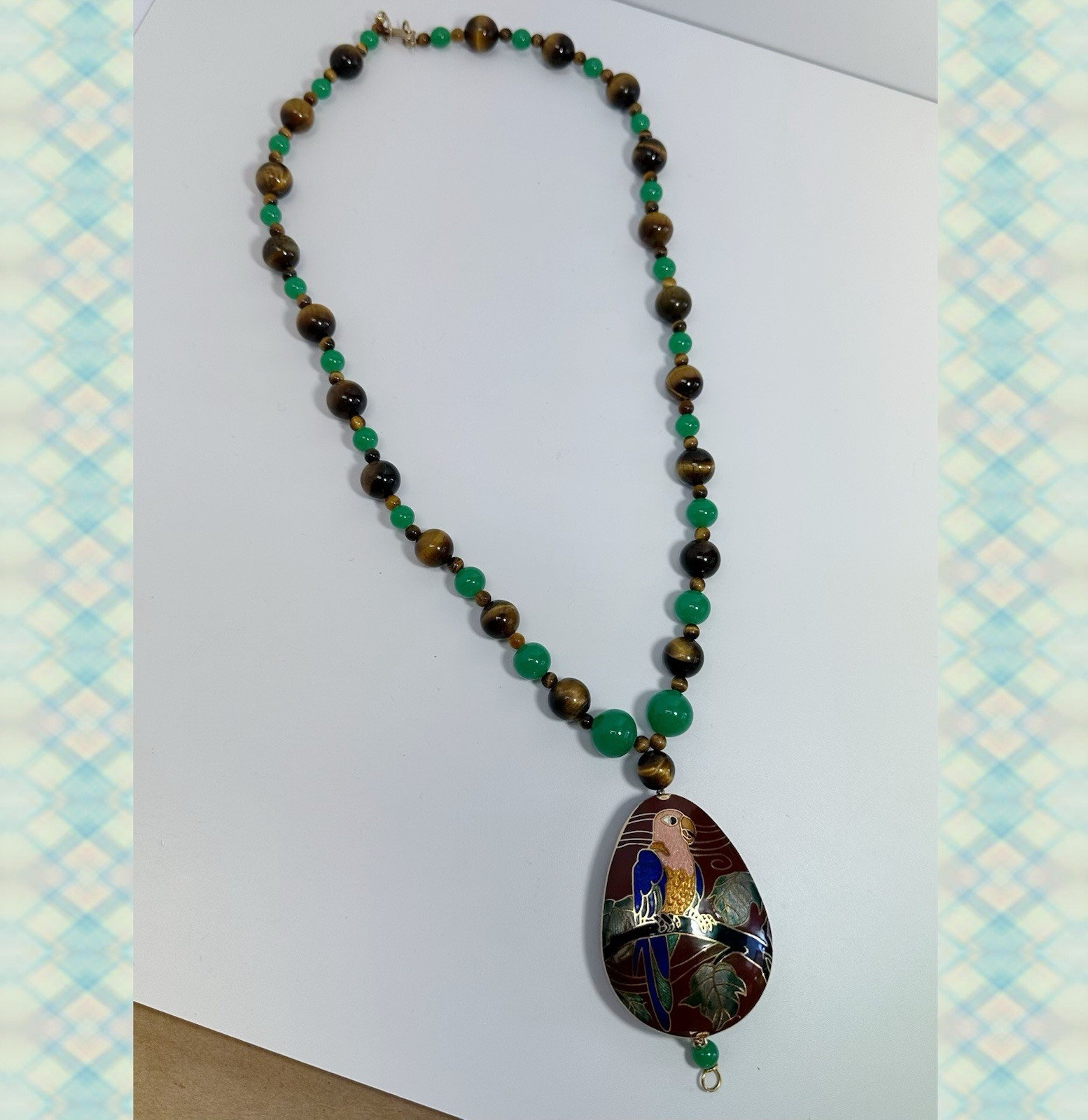 Vintage Hobé Cloisonne & Tiger’s Eye + Green Jade Stones Necklace