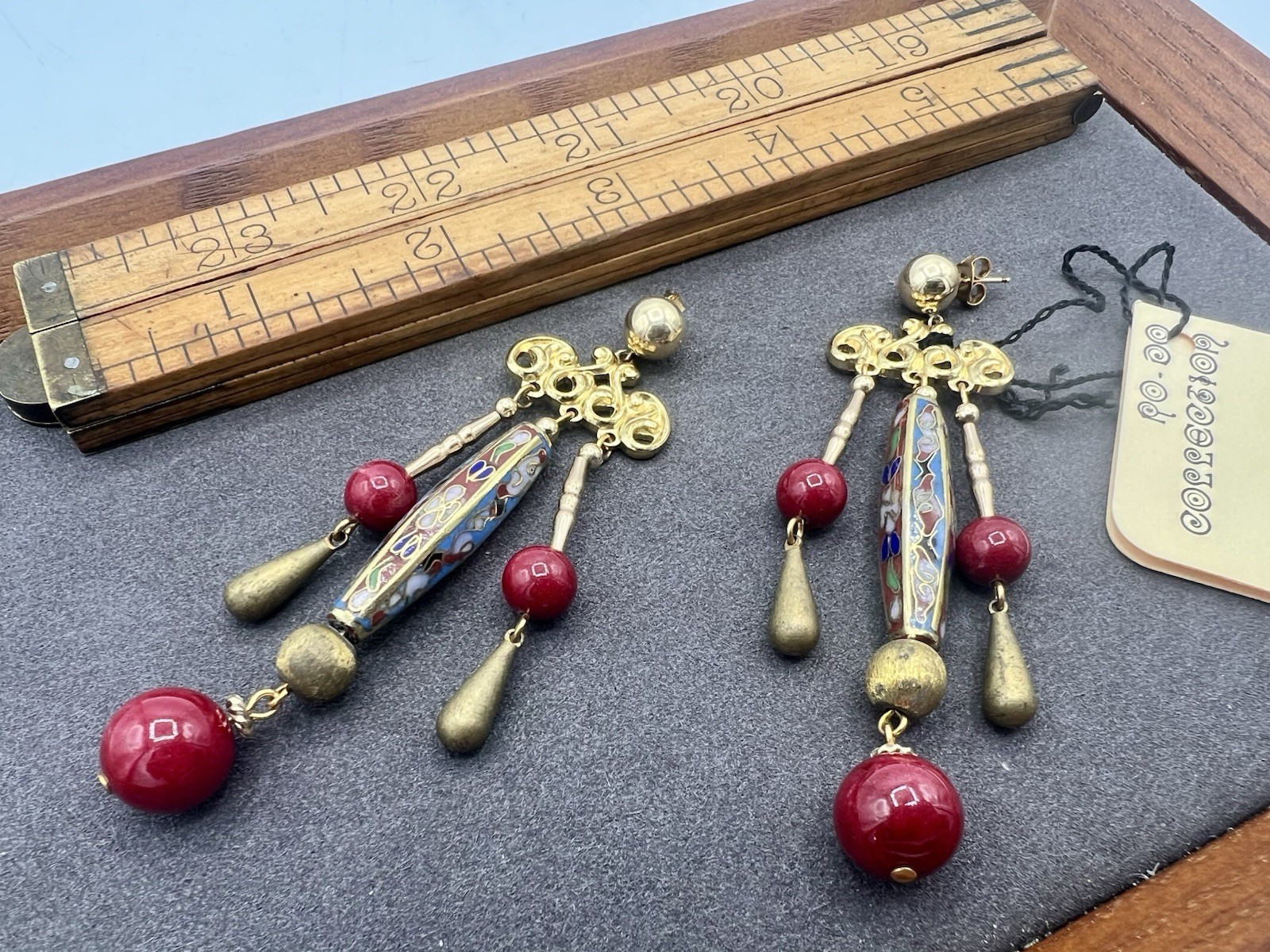 Vintage Gold Red Cloisonné Bead Artisan Dangle Earrings New Old Stock NOS
