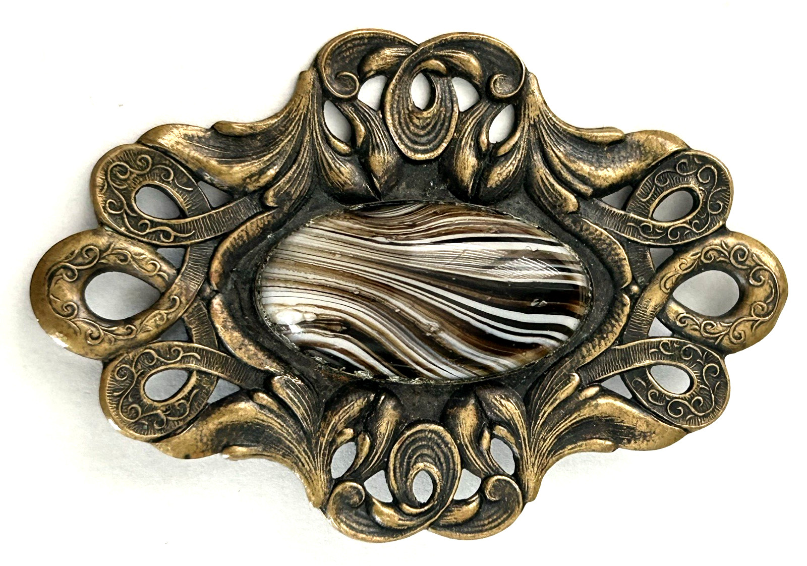 VINTAGE LARGE DECO / NOUVEAU BROWN AGATE GLASS CABOCHON SCROLL PIN