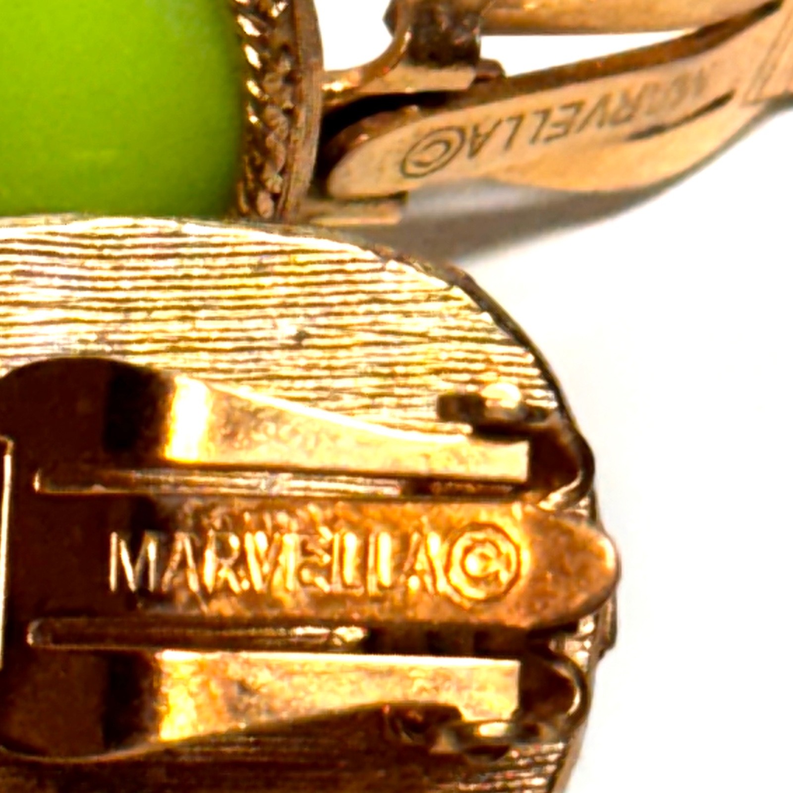 MARVELLA earrings lime green cabochon block ovals goldtone metal clip on vintage