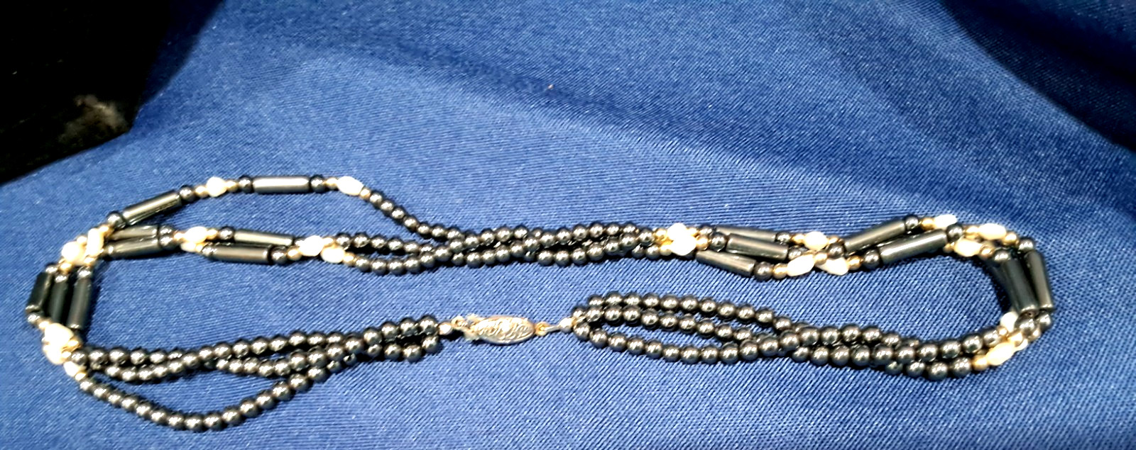 Obsidian Bead three strand necklace with Freshwater Pearls & goldtone Beads 18″