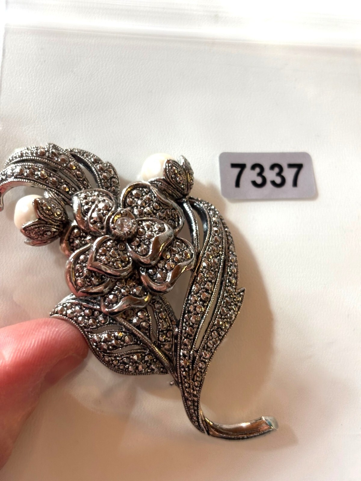 KJL by Avon signed Vintage Silver Tone Floral Brooch With Rhinestones & Faux Pea