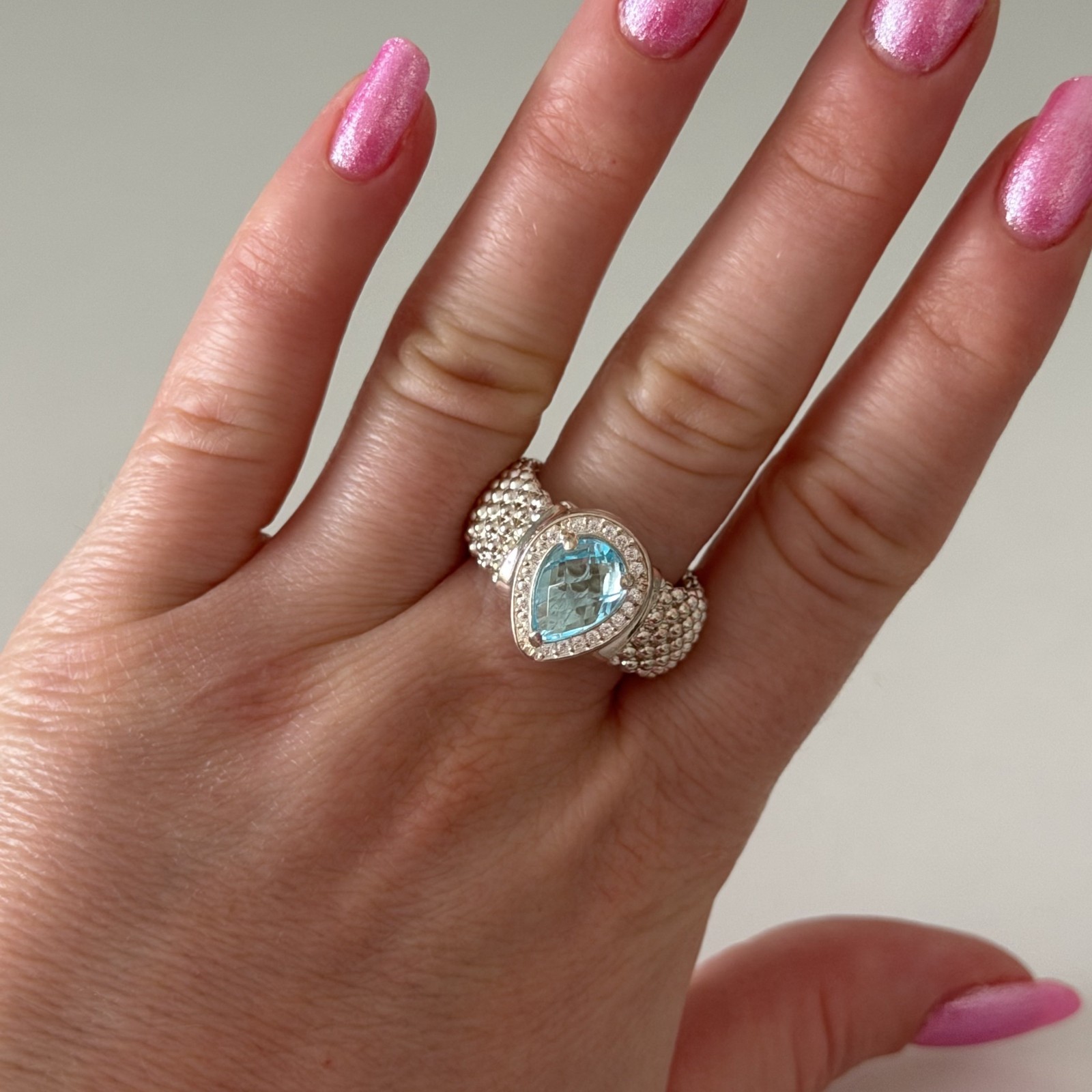 925 Italy Sterling Silver Genuine Blue Topaz Pear White Topaz Mesh Ring Size 9