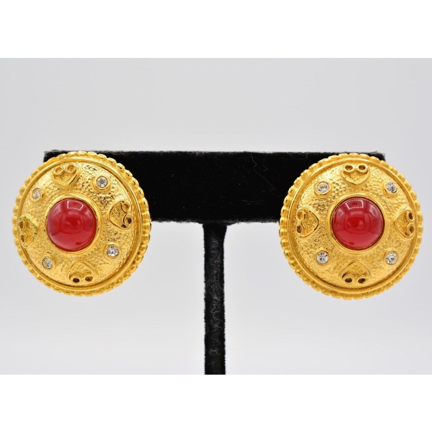 Vintage Chunky Cabochon Post Earrings Brushed Gold Red Crystal NOS 1980s BinA8