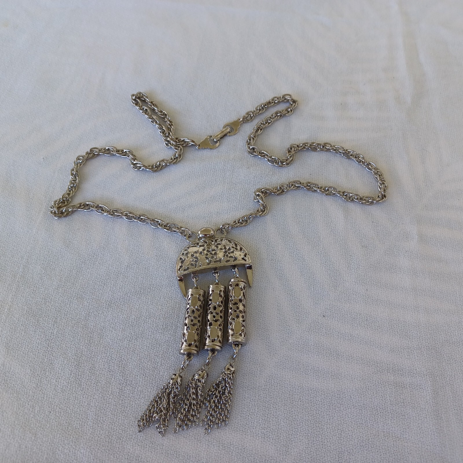 Vintage S/Tone Persian Style Chain Necklace Half Circle Pendant Dangle Tubes