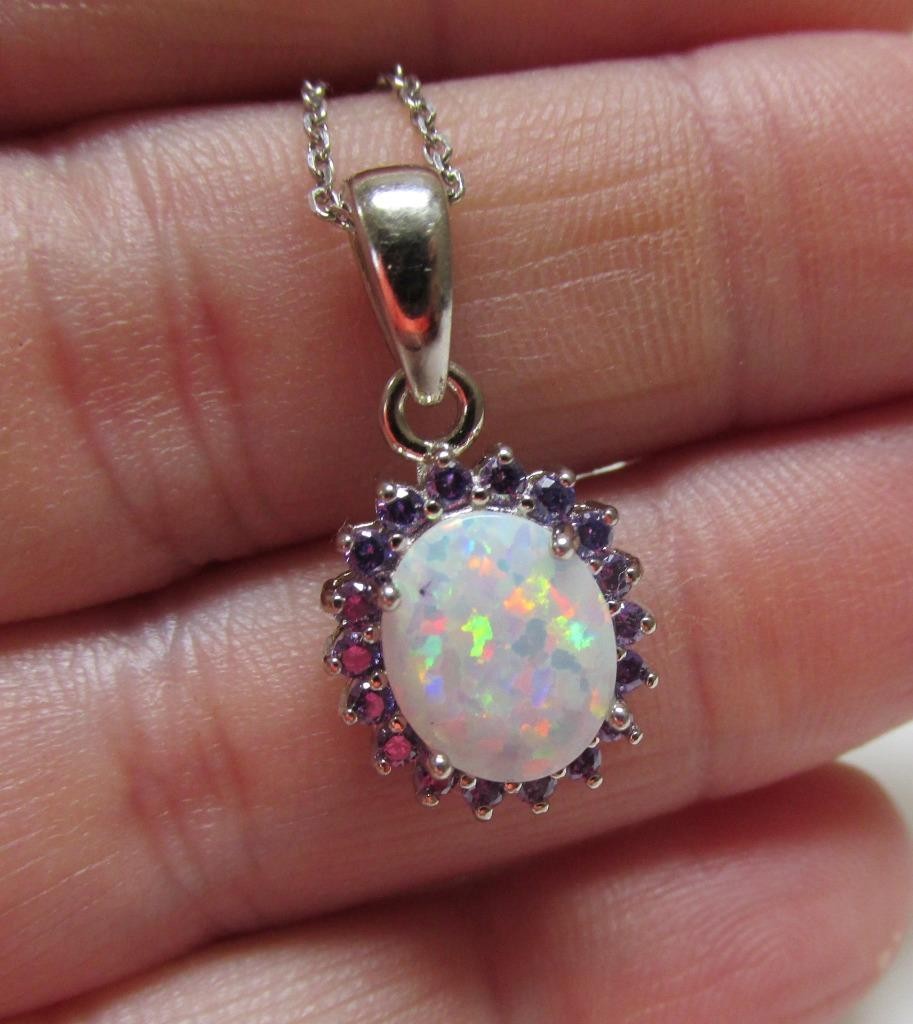Sterling Silver Opal & Blue Stone Pendant w/ 18″ Sterling Chain ~ 3.6g ~ 10-C763