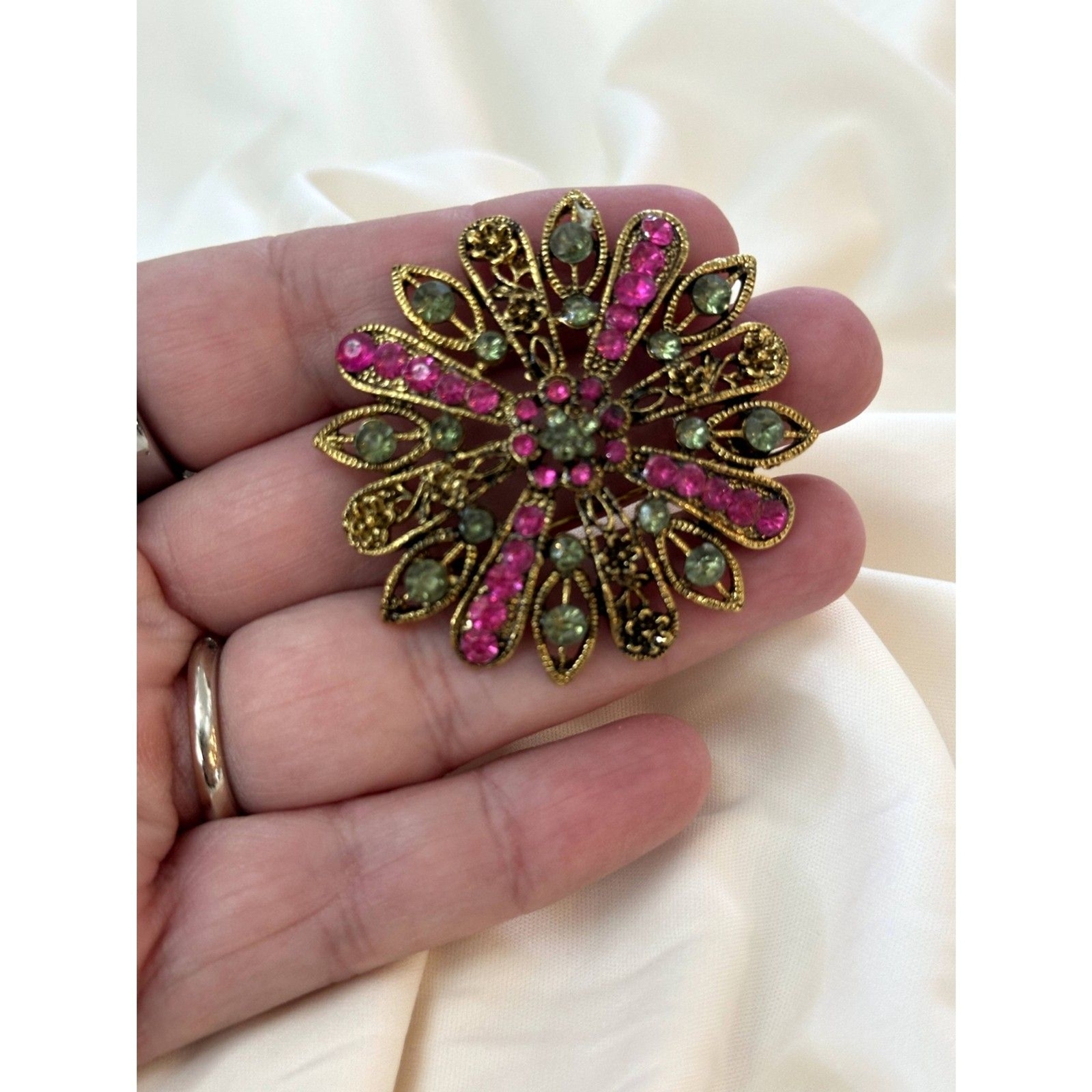 Floral Brooch Pink and Green Rhinestone – Garden Party Whimsical