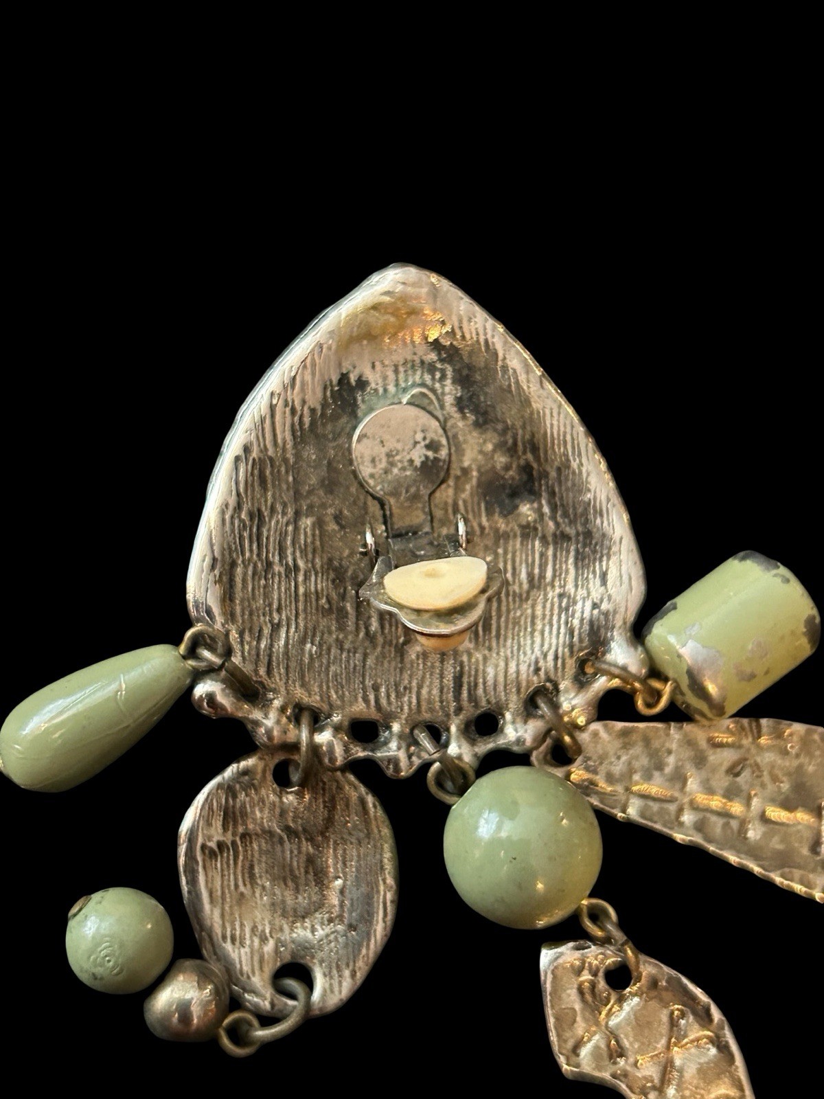 VTG Boho Tribal Metal Dangling Charm Earrings 3.5” Cabochon Green Gem Chandelier