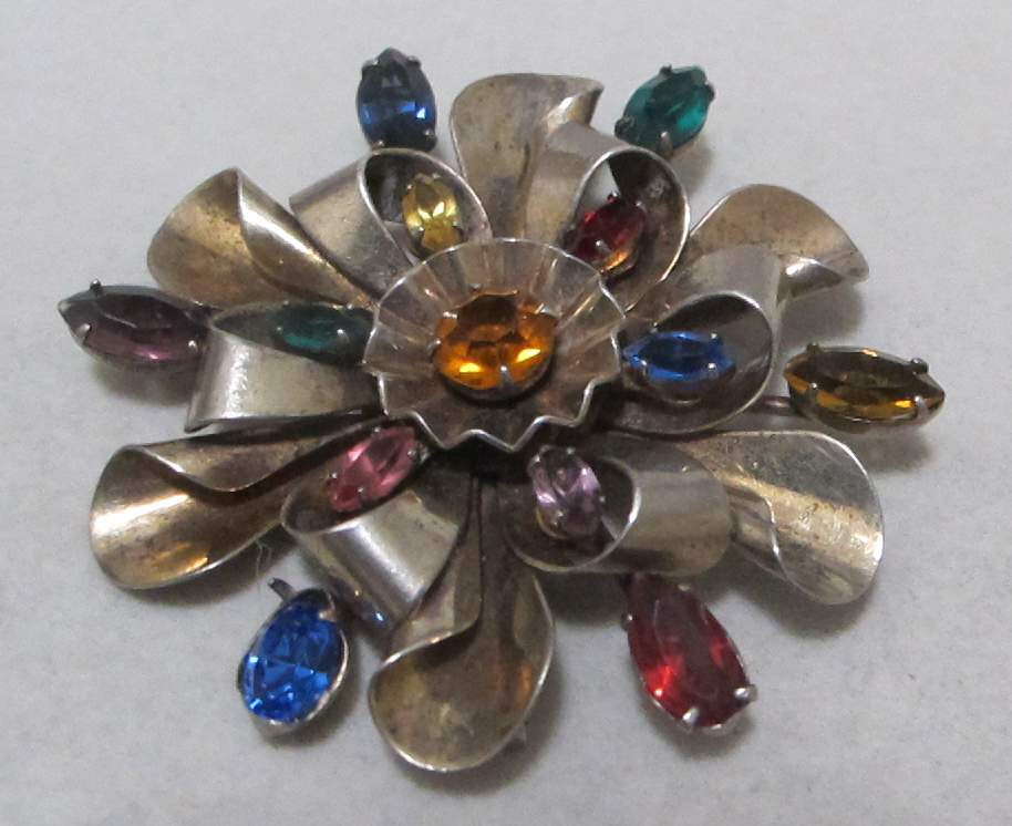 Vtg 2-3/8” Gold-Plated Sterling Layered Brooch Multi Color Rhinestones 30 Grams