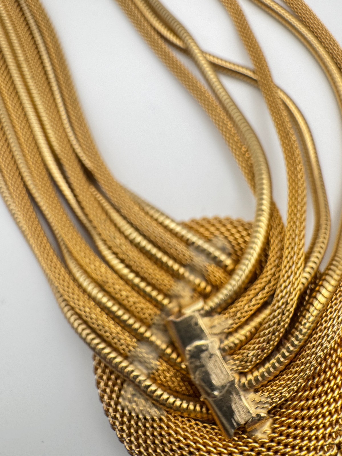Vintage Mesh Necklace Multi Strand Snake Chain Tassel Knot Fringe Gold Tone