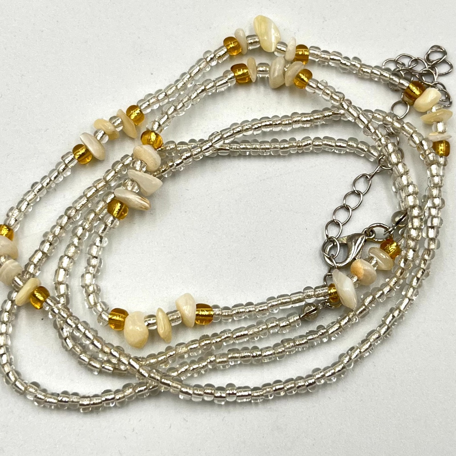Vintage Earthy Seed Bead & Shell Chip Necklace Cream Amber Tone Boho Strand