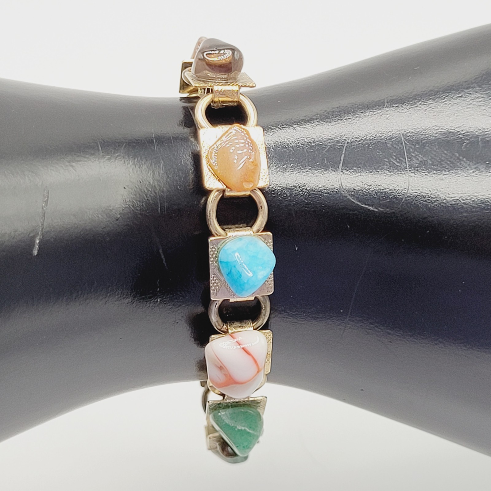 Souvenir Louisiana Natures Worldwide Polished Gemstones Gold Tone Vtg Bracelet