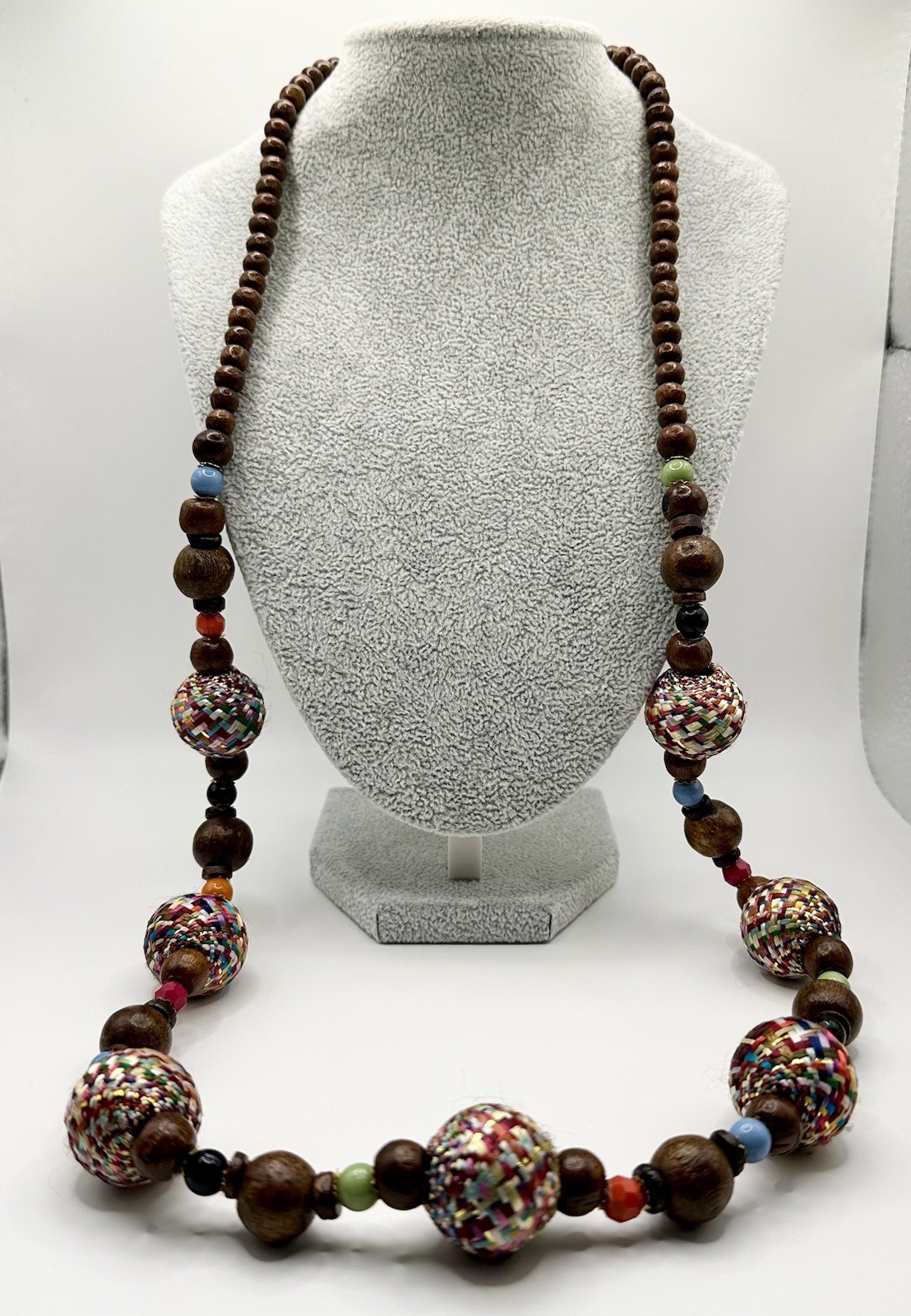 Vintage Multi-Color Boho Wood Statement Necklace Woven Bead 37”