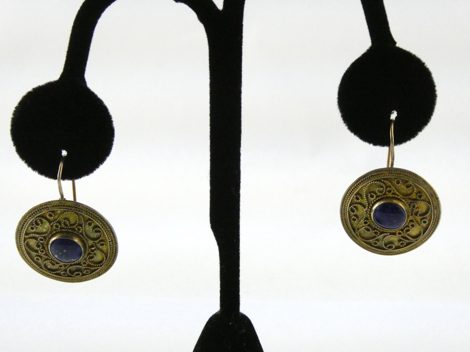 Vintage Gilt Sterling Silver Scroll Motif Lapis Lazuli Hook Earrings 7.3g 1.25In