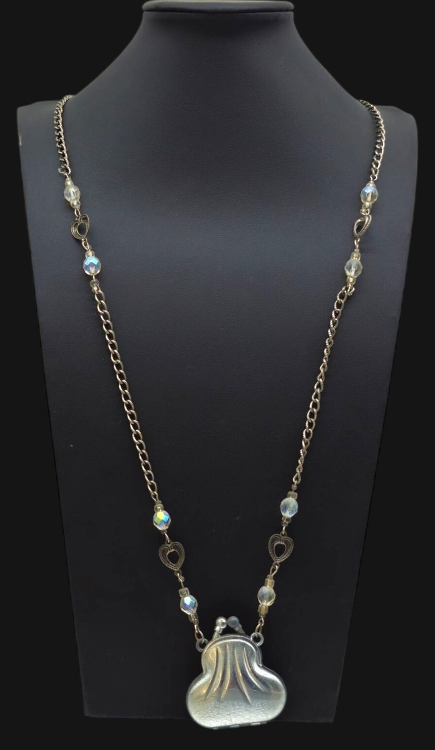 Vintage Silver Purse Pendant Necklace Crystal Colored Beads Heart Links 20″