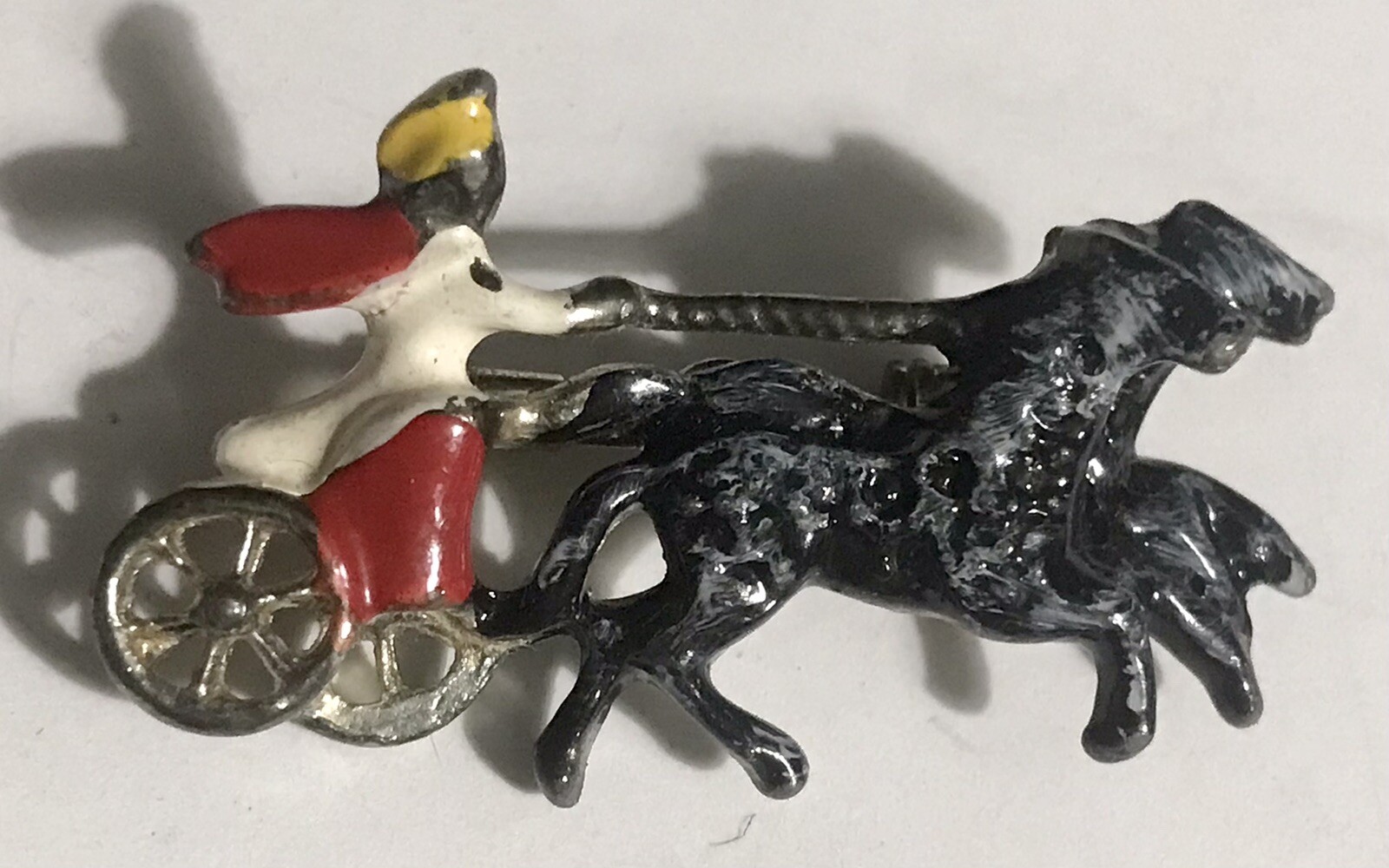 Small Vintage Enamel Pin Chariot Race Black Horses Moor Rider Pewter Unisex