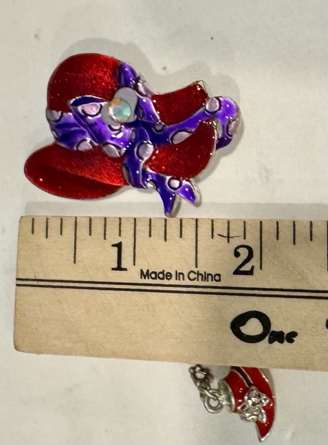 Vtg Set -AJMC Silver W/ RED GLITTER HAT PURPLE POLKA DOT Brooch/pin & Charm