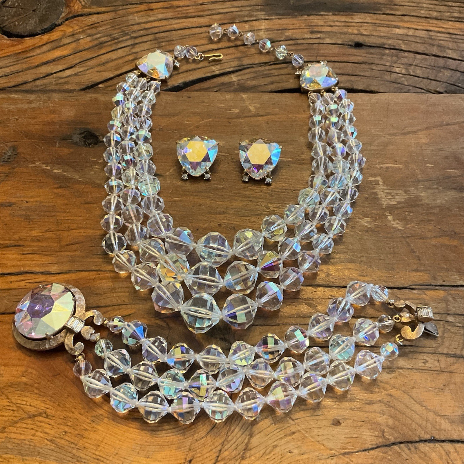 Vintage Laguna LARGE AB Faceted Crystal Glass Bead Necklace Bracelet Earring SET