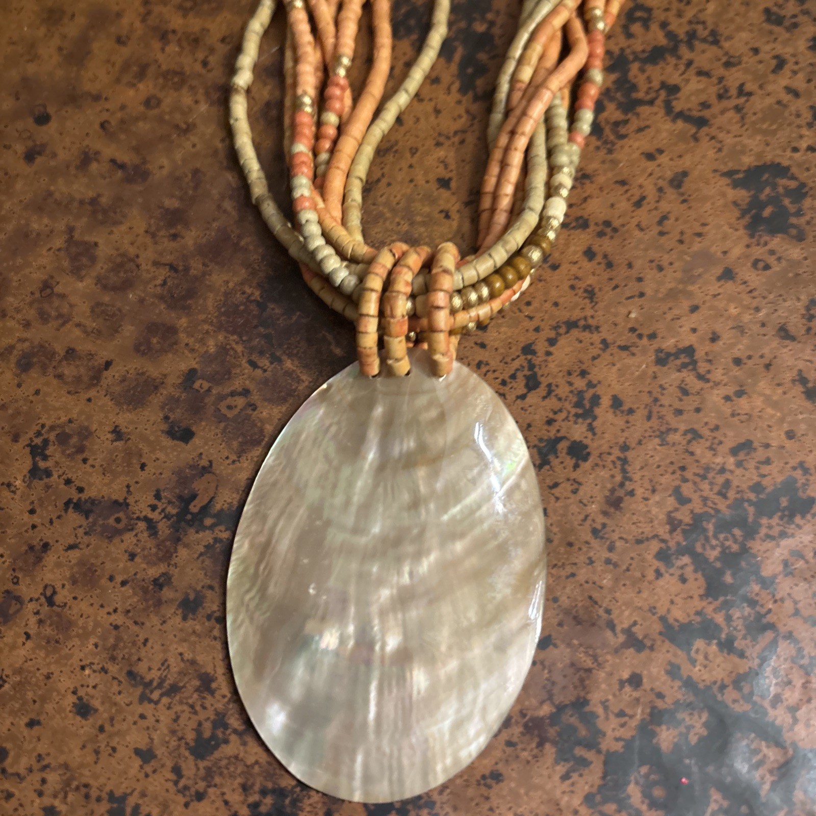 VINTAGE RED CORAL Wood Small BEADS AND LG ABALONE SHELL PENDANT NECKLACE coastal