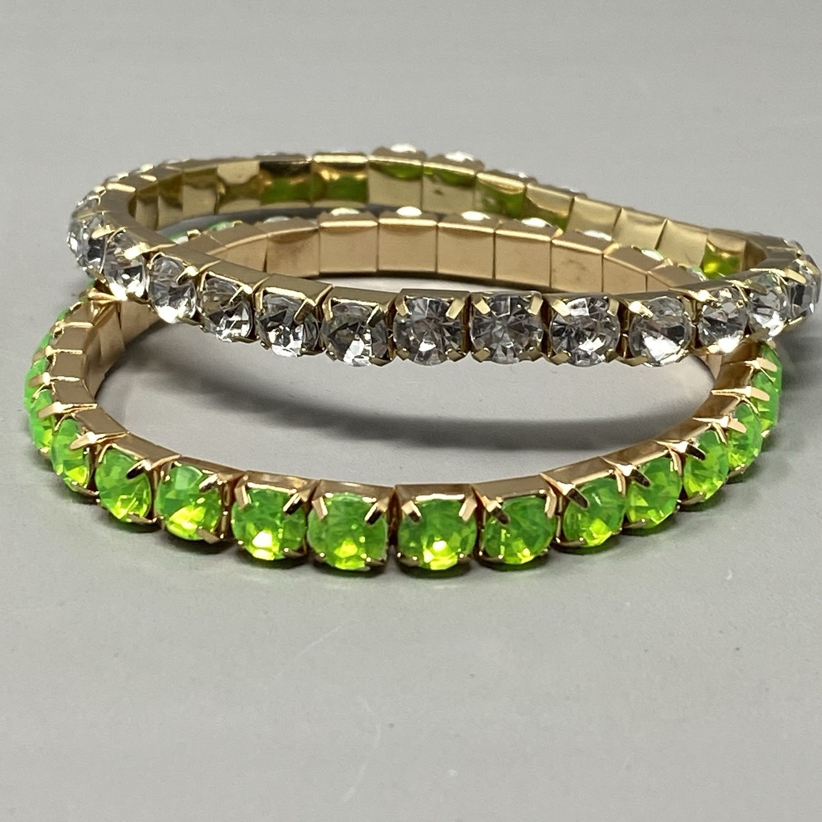 Rhinestone Stretch Bracelet Lime Green Clear Acrylic Prong Set Gold Tone 7″