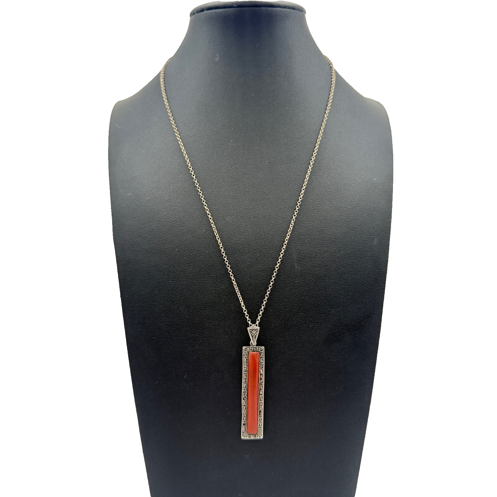 Vintage Art Deco Red Coral? Marcasite Pendant 925 Sterling Silver 18″ Necklace