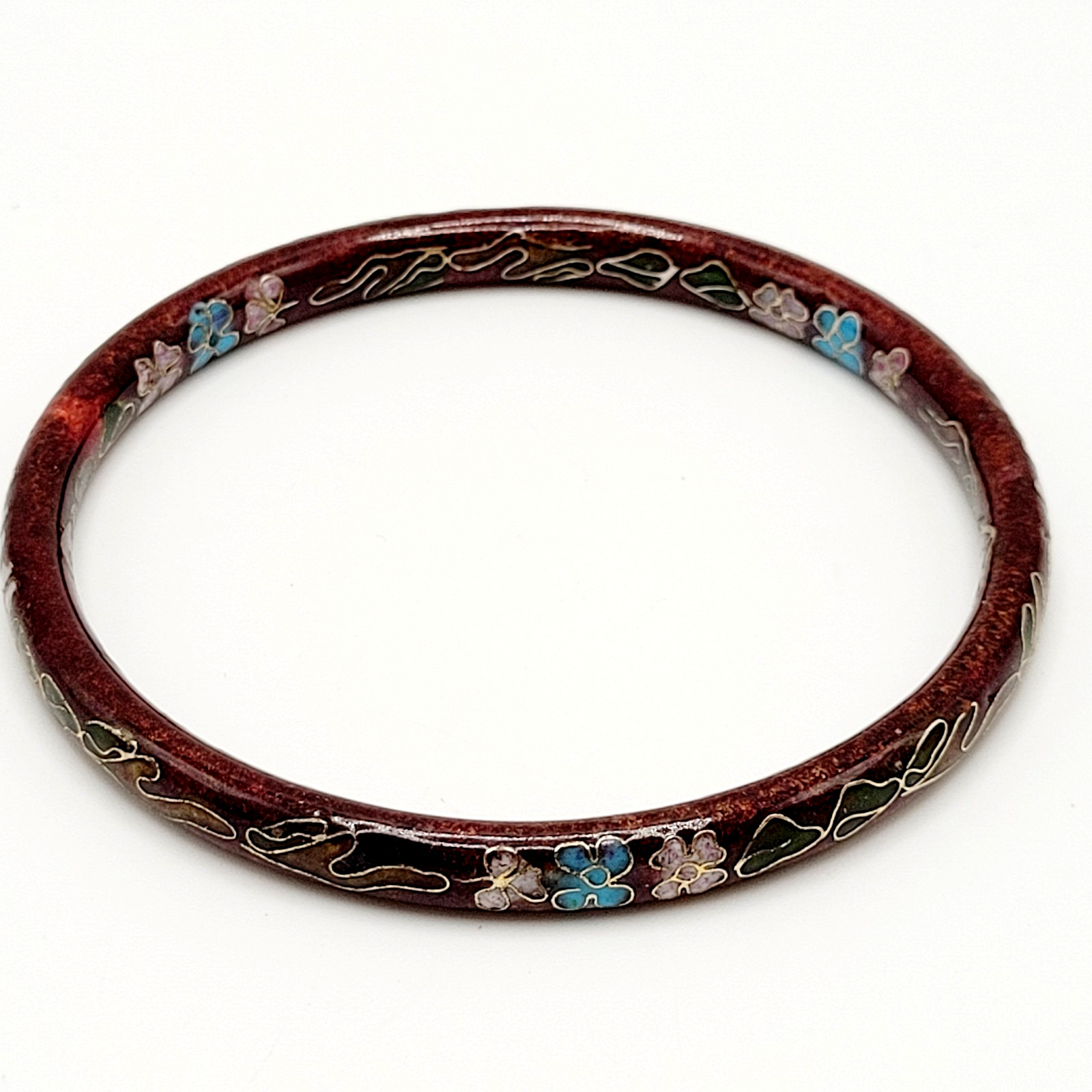 Cloisonné Deep Red Enamel Floral Hand Painted Asian Inspired Bangle Bracelet