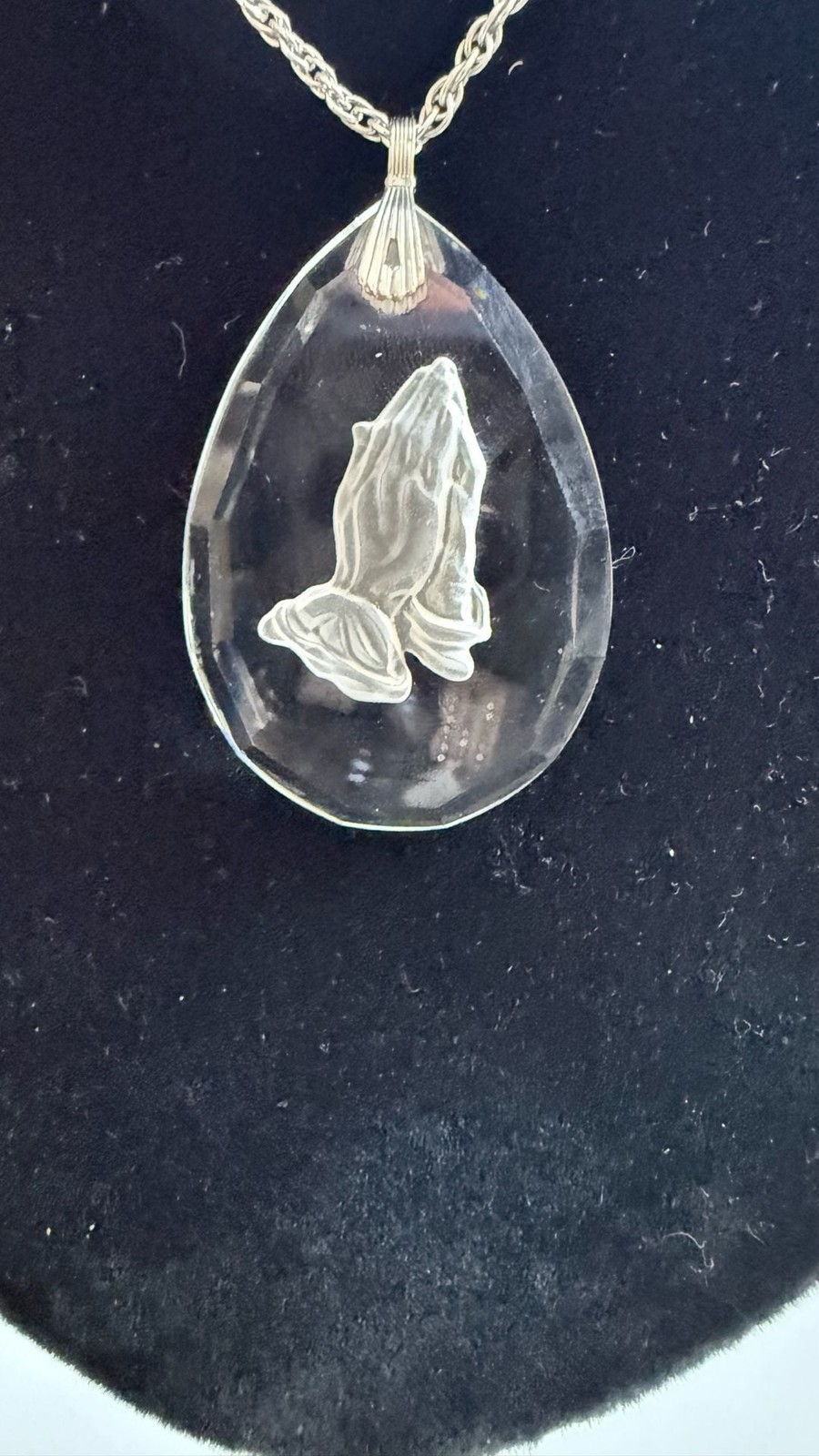 Vintage Hallmark Cards Praying Hands Teardrop Crystal Pendant Necklace