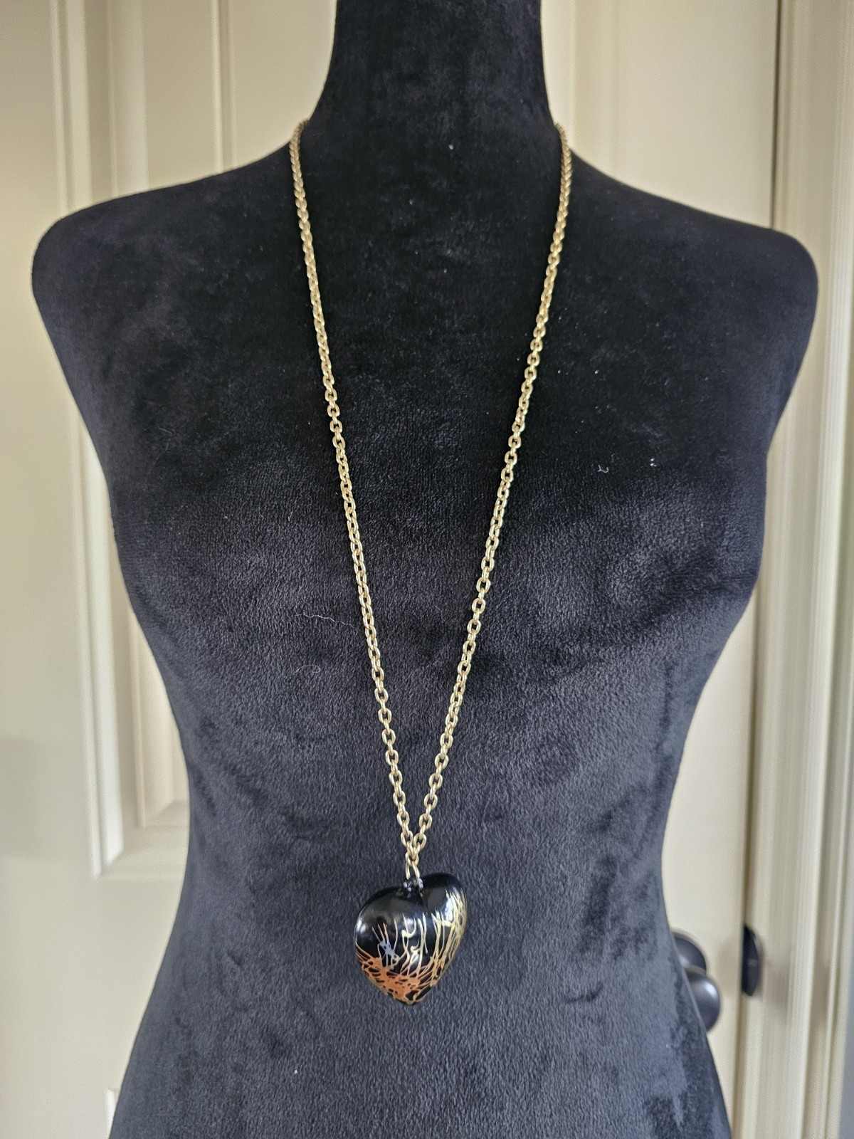 Vintage 80s Punk Black & Metallic Gold Puff Heart Necklace