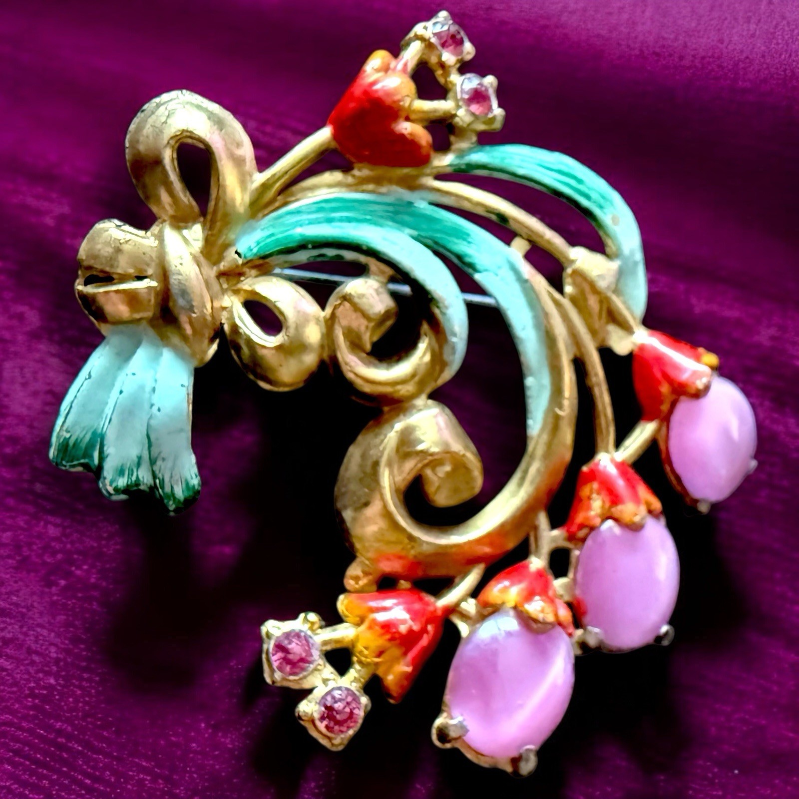 Pot Metal Flower Brooch 1940s Enamel Pink Cabochon Bouquet Vintage Large